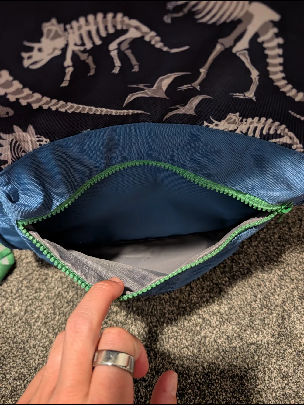 Pottery Barn Kids Navy Dinosaur Print Backpack with Blue Pocket and Green Zipper